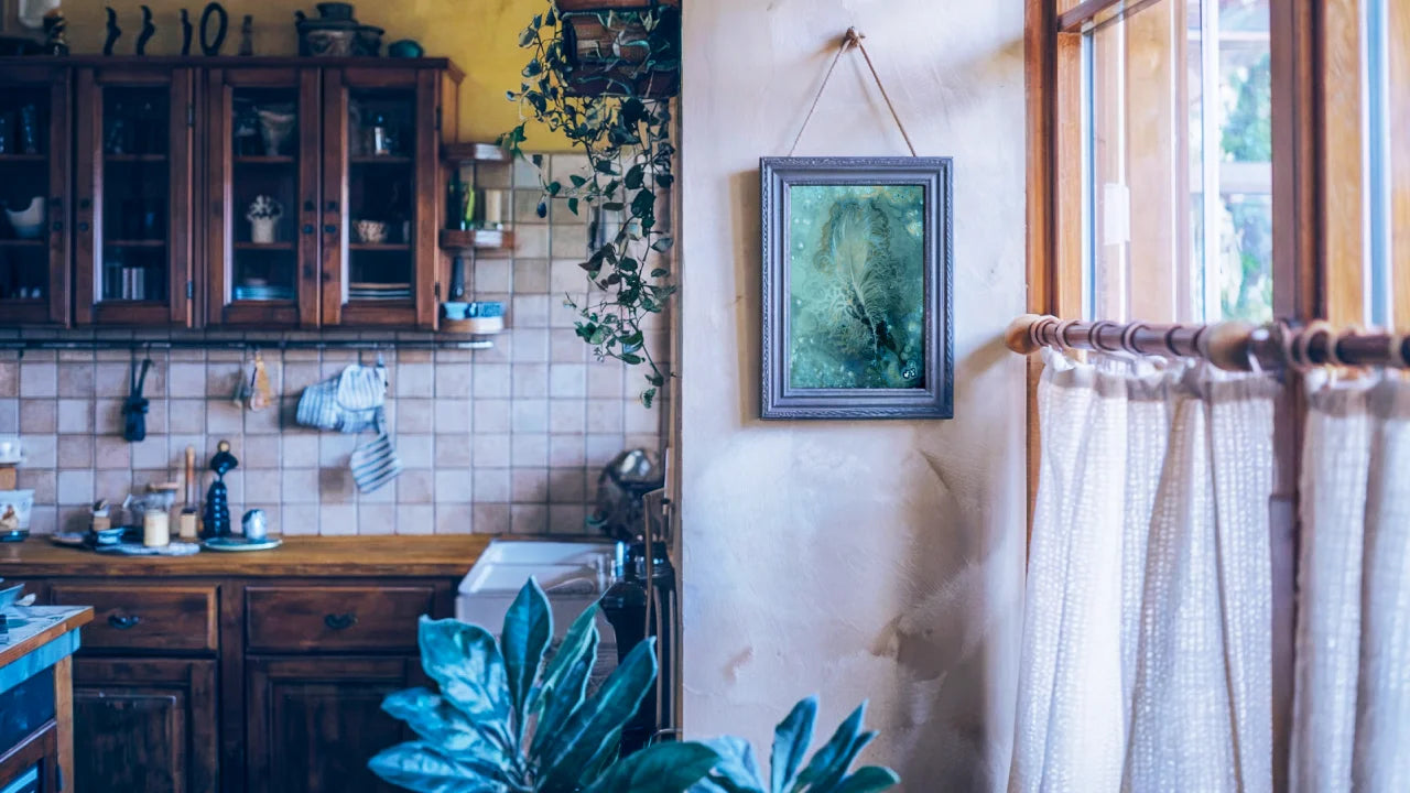 feather wet cyanotype framed mock-up kitchen wall art