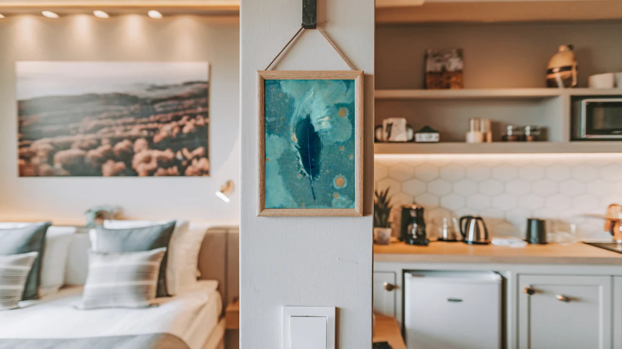 cyanotype feather mock-up wall art kitchen living room