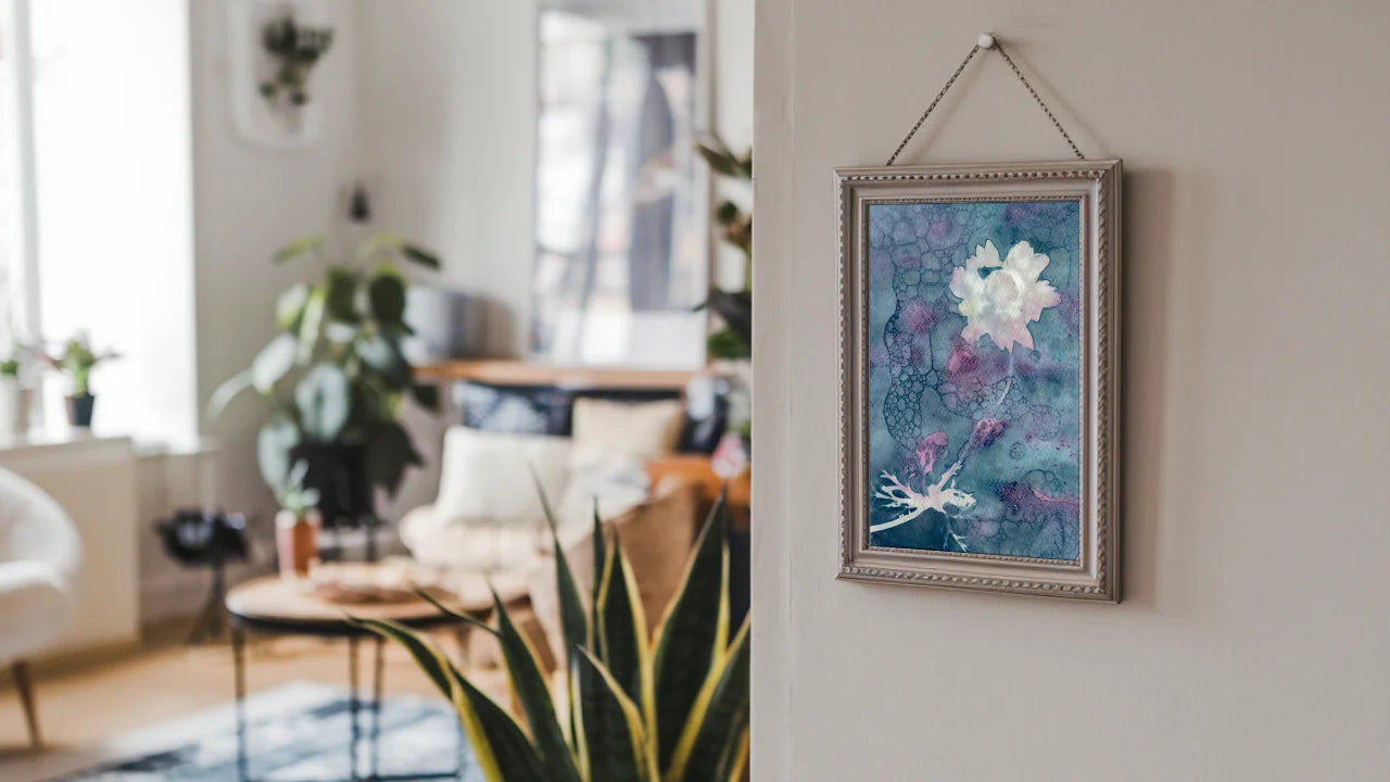 flower wet cyanotype pink blue mock up interior design living room